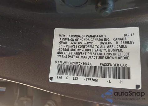 2012 Honda Civic Ex z USA, uszkodzony, nr VIN 2HGFB2F8XCH544536